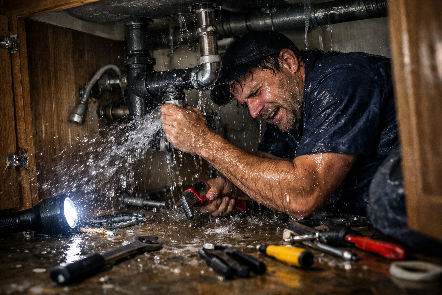 Plumber battling a dripping leak.png