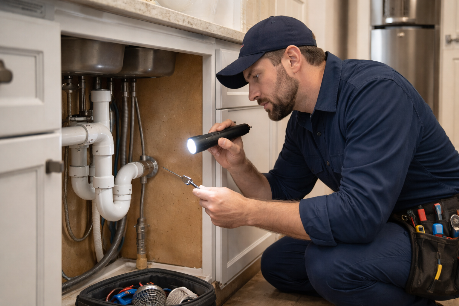 Inspecting the kitchen plumbing for leaks.png