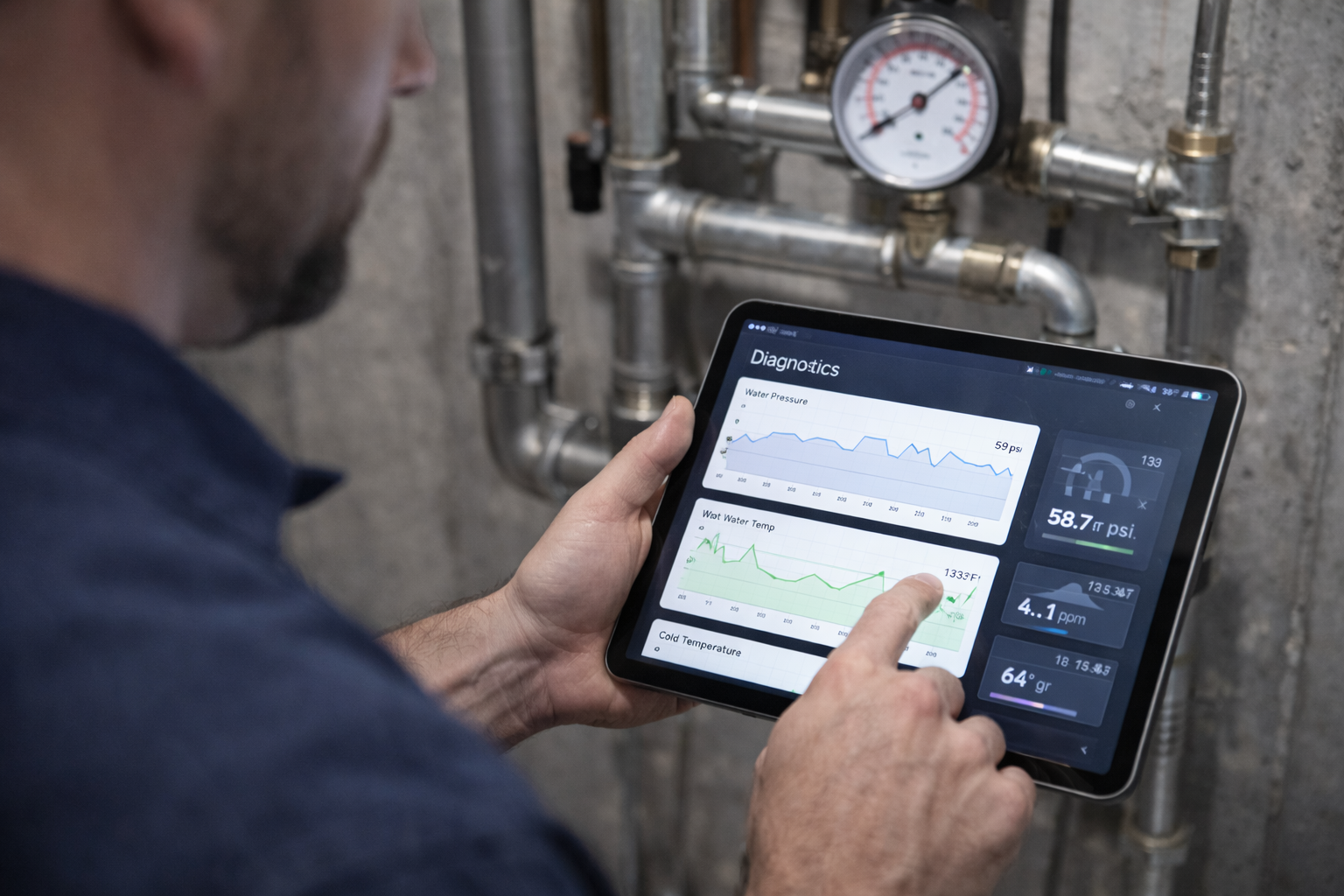 Plumber inspecting system diagnostics in basement.png