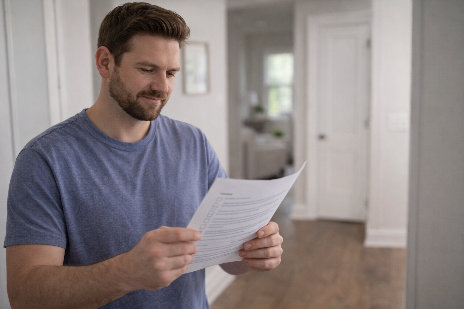 Man reviewing a checklist in a hallway.png
