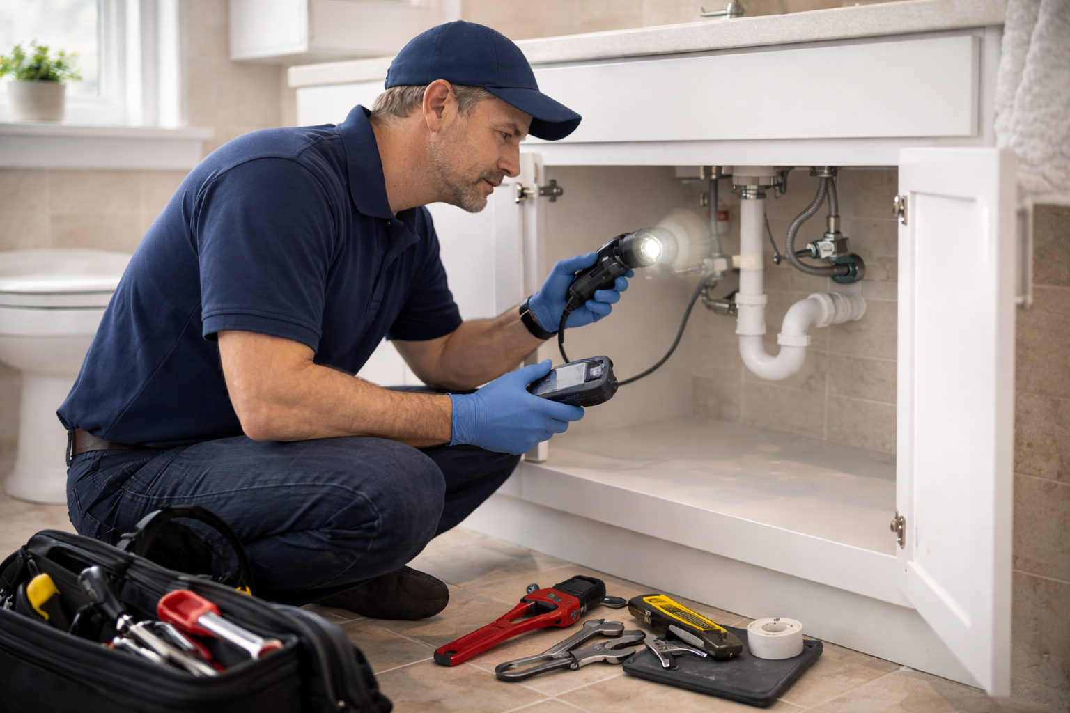 Plumber inspecting pipes under sink.png