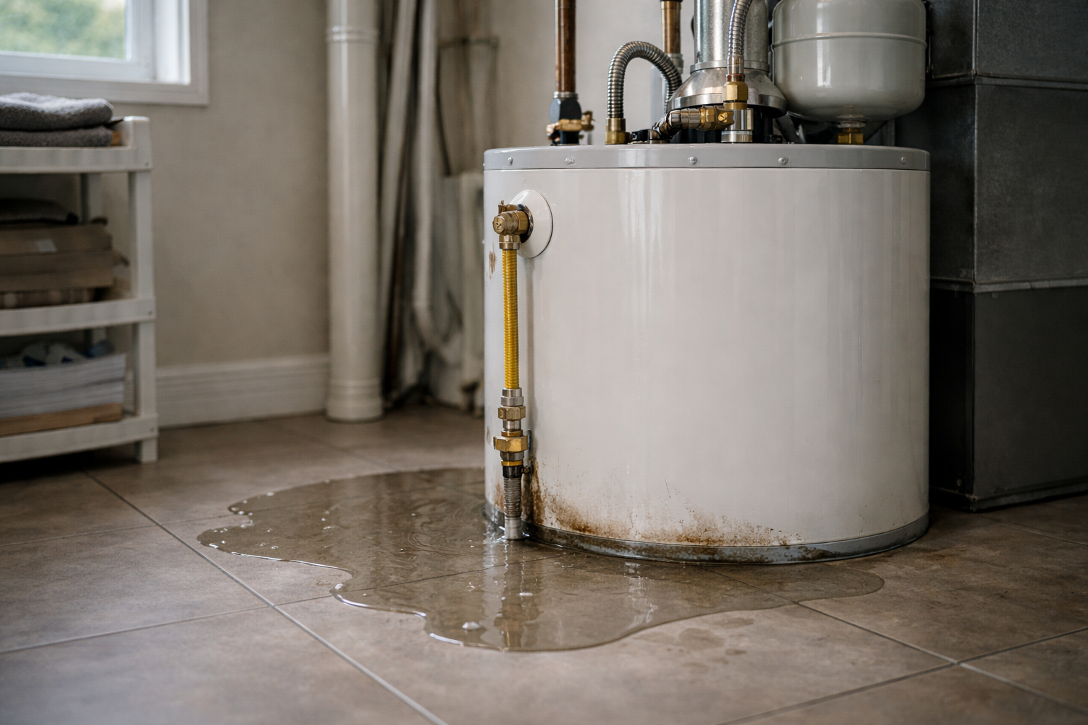 Leaking water heater in utility room.png