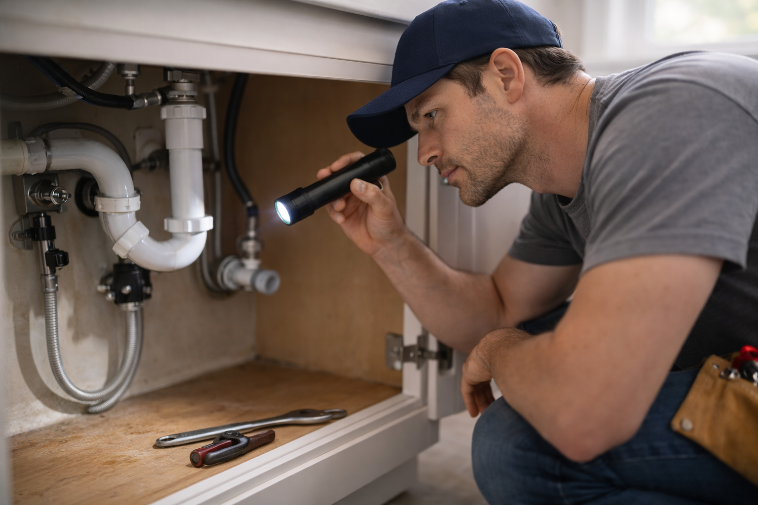 Plumber inspecting sink pipes with flashlight.png